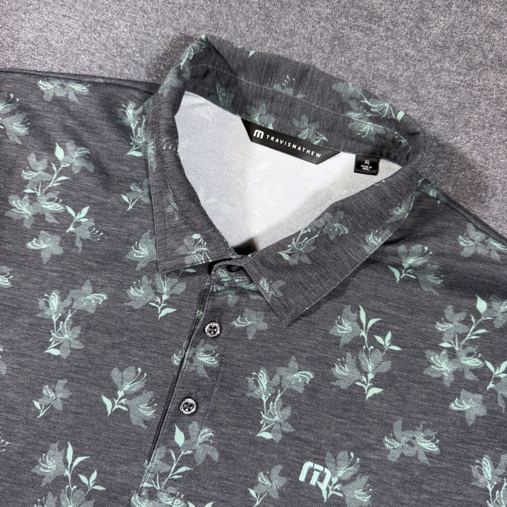 TravisMathew Polo Shirt Mens XL Gray Green Floral Print Short Sleeve Golf Tee